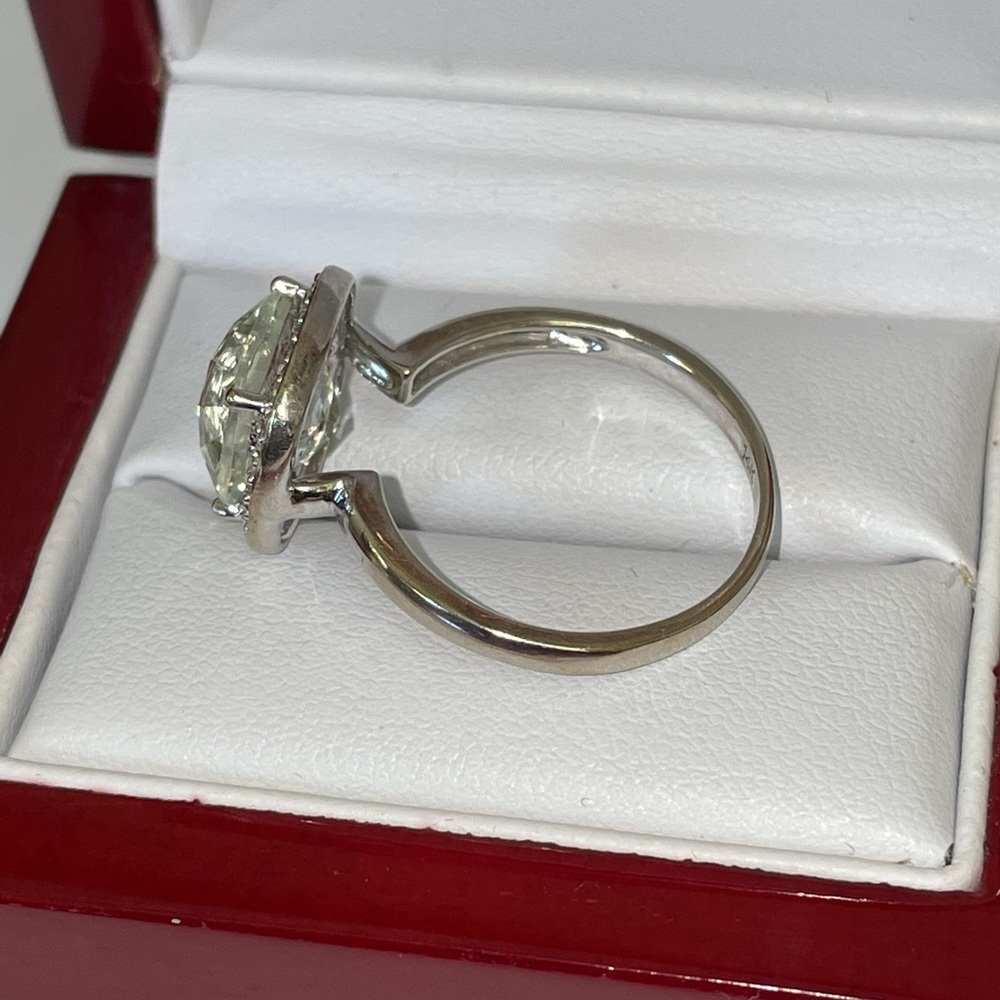 Dazzling White Gold Pale Green Prasiolite And Diamond Halo Ring - Picture 5 of 16